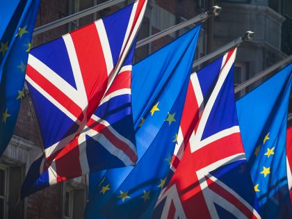 European Union and United Kingdom flags together on sunny day