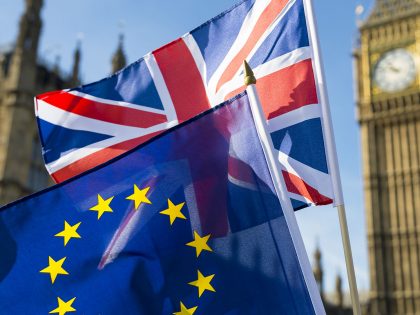 European Union and British Union flag flying in front of Big Ben